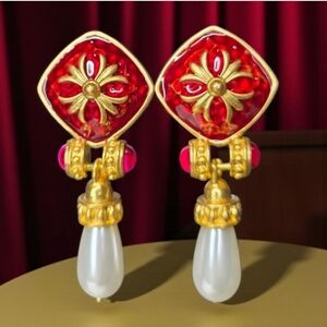 18k Matte Gold Plated Maltese Cross Enamel Ruby Cabochon Pearl Dangle Earrings